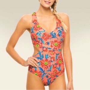 Tori Praver One Piece Swimsuit Womens Large Pink Floral Cutout Monokini Tropical